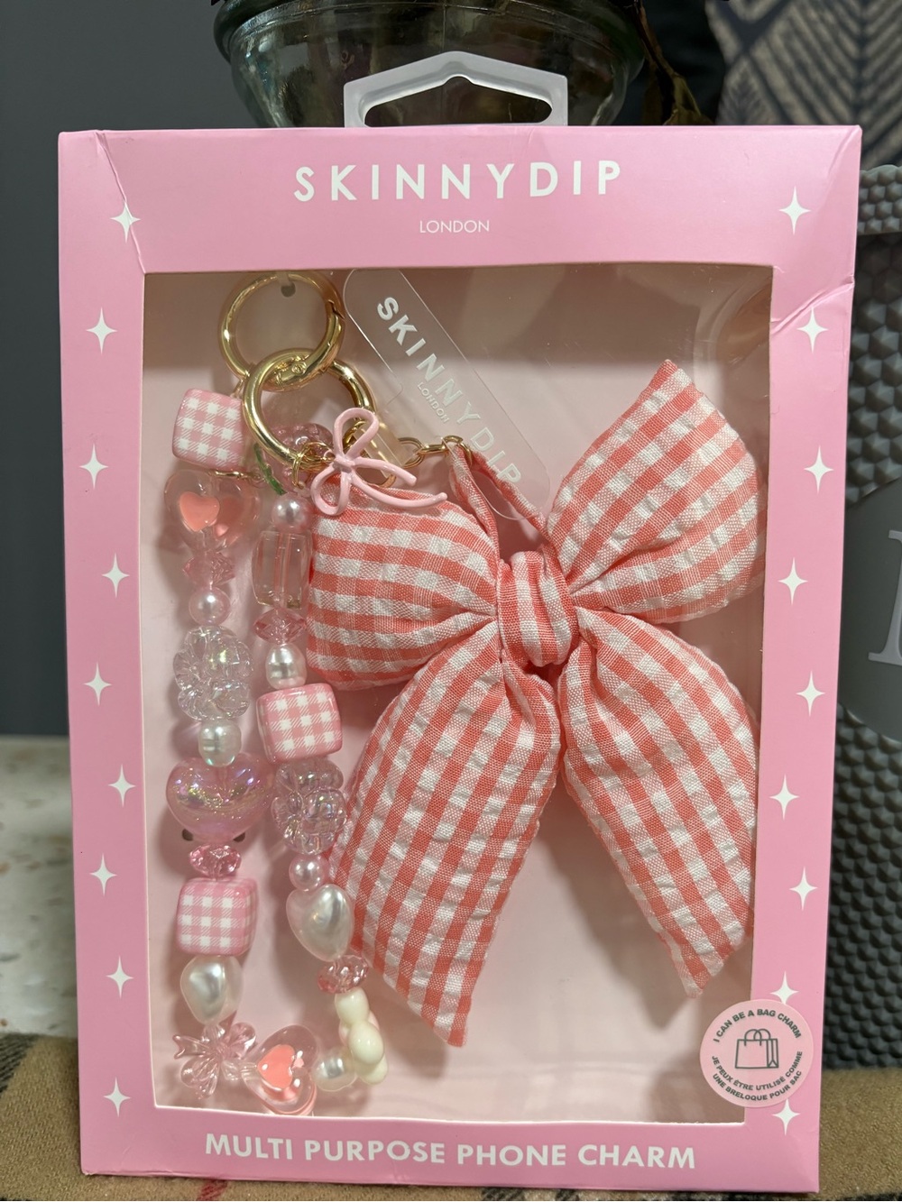 ✨NWT Skinnydip London Pink Gingham Bow & Beaded Multi Purpose Phone / Bag Charm🎀